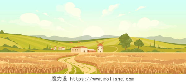 农田平面彩色矢量图解.意大利农田2D卡通景观。乡村风景。秋天在欧洲的村庄。小麦收获季节。传统风车。面粉生产